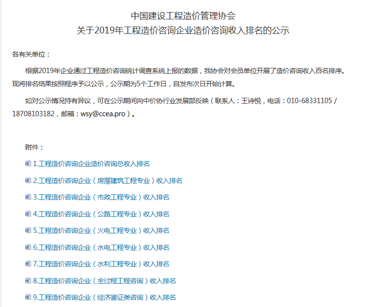 中价协发布“2019年工程造价咨询企业造价咨询收入排名公示”